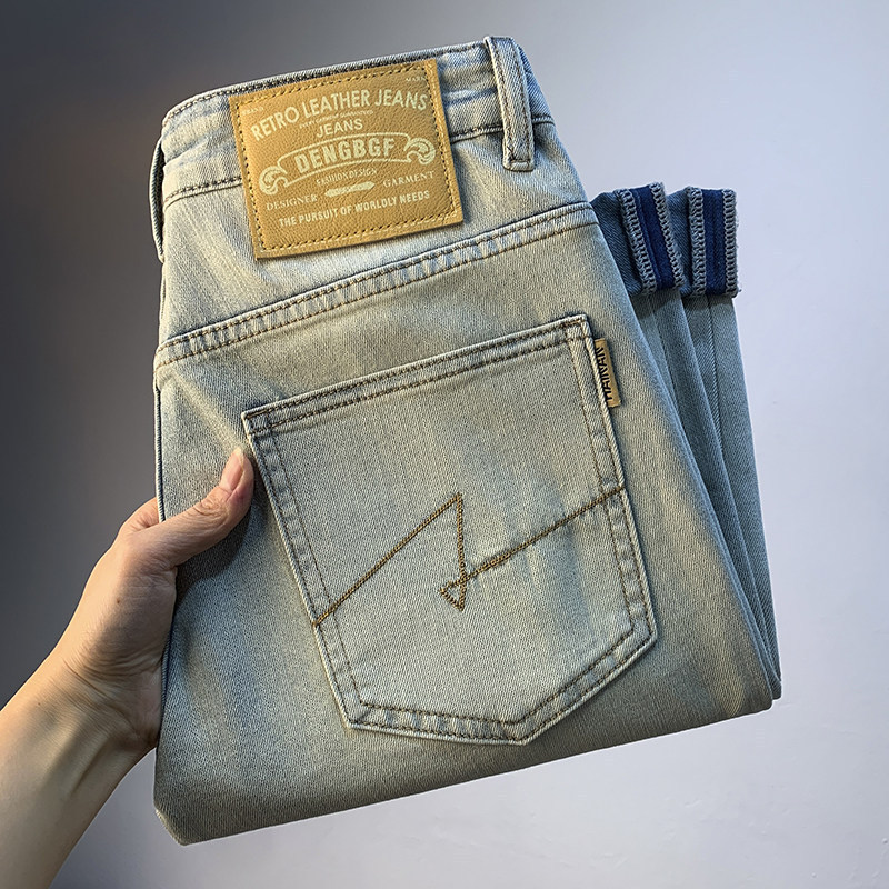 Light-Colored Casual Jeans for Men, Retro Distressed Tapered Slim-Fit Pants for Spring and Autumn, Stretchy Long Pants