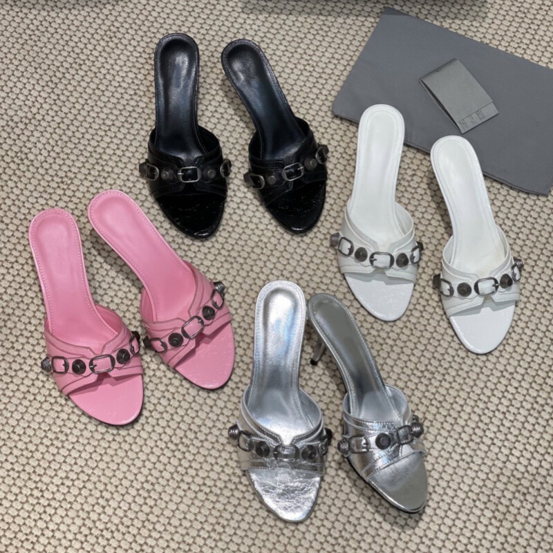 French Style Slippers Sexy Round Toe Open Toe Slide High Heel Cowhide Rivet Buckle with Open Toe Cat Heel Sandals for Women French Style Slippers Sexy Round Toe Open Toe Slide High Heel Cowhide Rivet Buckle with Open Toe Cat Heel Sandals for Women