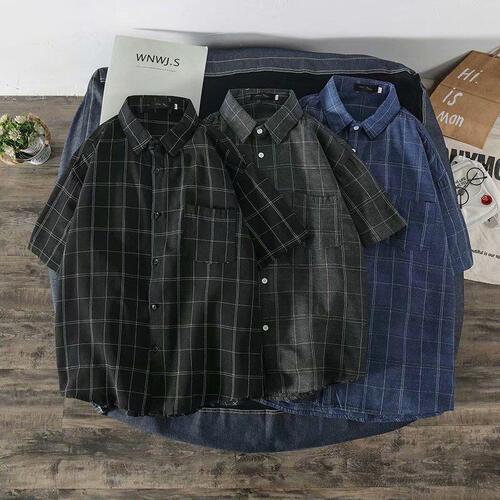 Japanese-style grid shirt for men, summer trend casual stylish loose black short-sleeved shirt for men, thin men's shirt