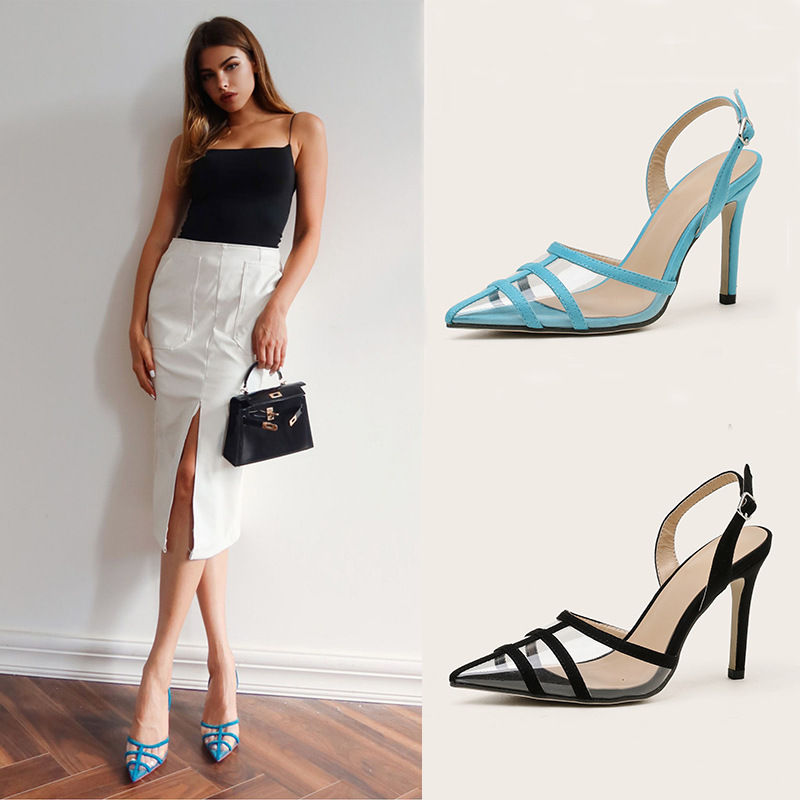 2026 Summer New European and American Style Pointed Toe Pvc Thin Heel Women's Shoes Closed Toe High Heel Sandals with Ankle Strap for Foreign Trade Size 41