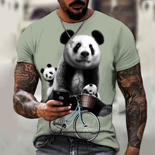 夏季跨境新款可愛熊貓 3D數碼印花 圓領T恤 寬松休閑男士時尚短袖