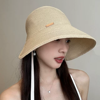 大檐绑带草帽女夏天出游度假遮阳帽时尚大气可扎马尾草编太阳帽子