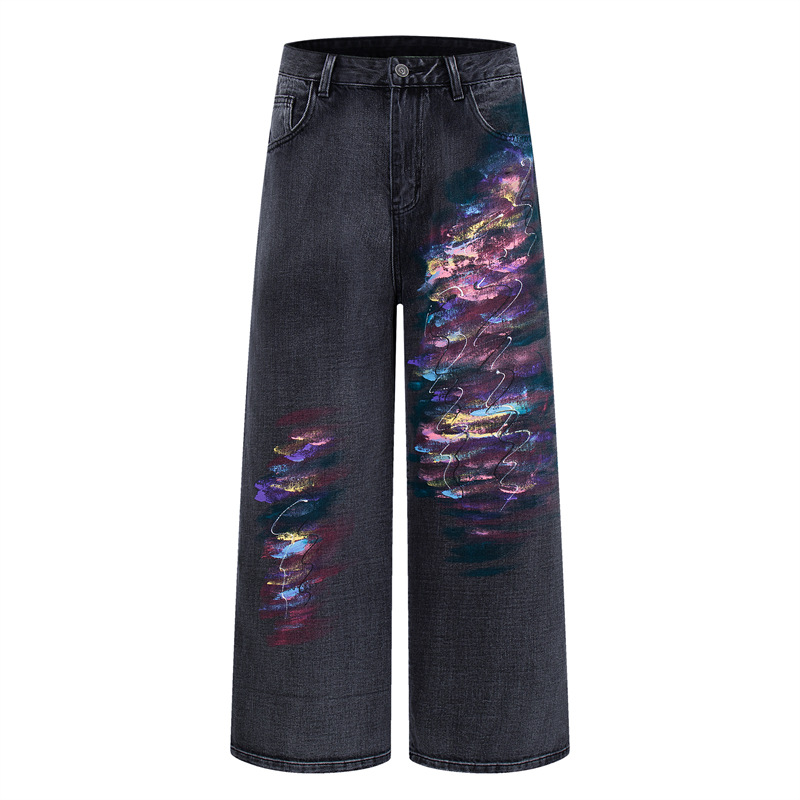 Men's Distressed Straight Leg Jeans Artistic Street Style Black Gray Oil Painting Pattern Casual Normcore mid Waist Zipper Fly_mkmklike.com