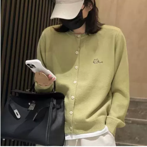 花倾慕刺绣小猫开衫外套女2024春季外搭休闲针织衫百搭长袖上衣灰