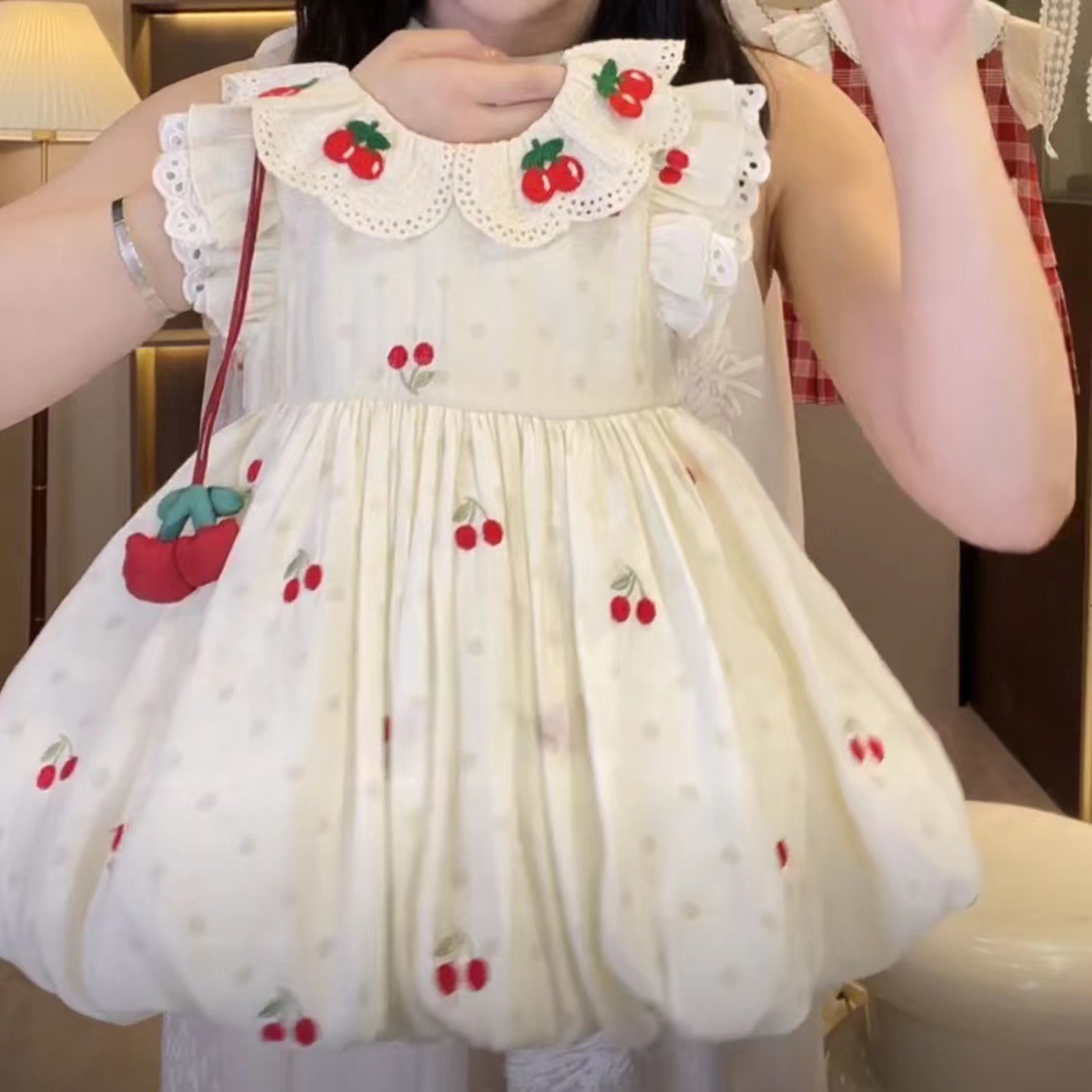 [Bolsos gratis] Vestido floral de cereza para niñas, tesoro femenino, vestido de princesa de capullo de flores de estilo extranjero, falda de verano de bebé