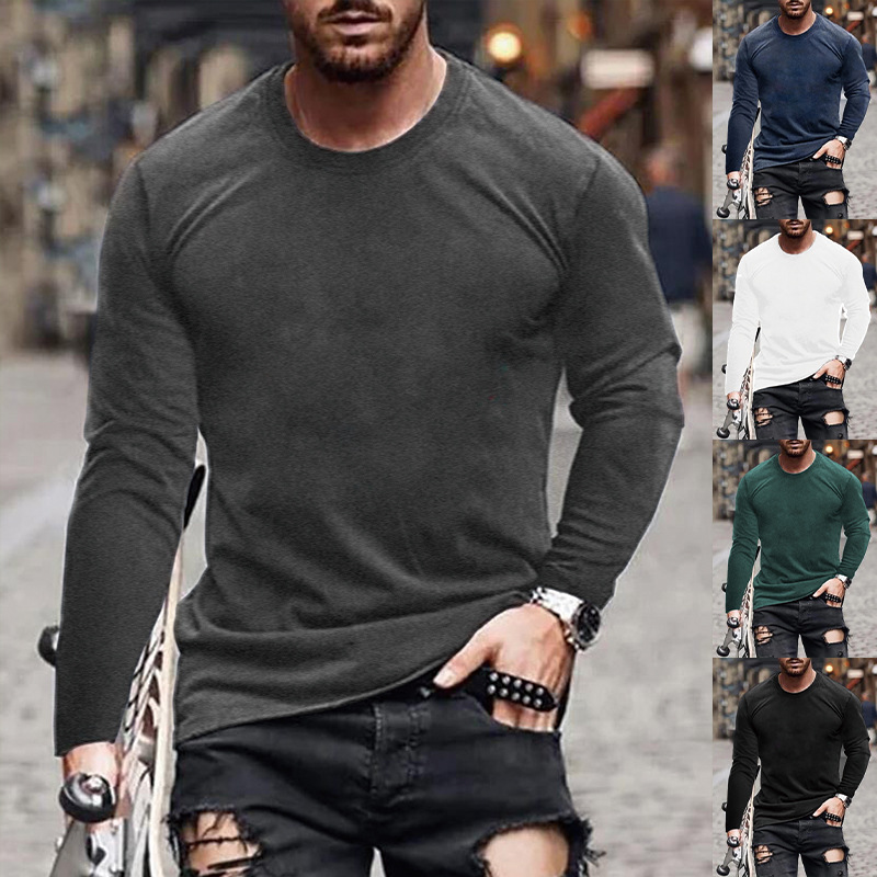 White ink cross-border European and American men's round neck long-sleeved T-shirt men's Amazon T-shirt printing