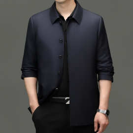 男士春秋高端羊毛桑蚕丝羊绒夹克衫中年商务休闲行政翻领风衣外套