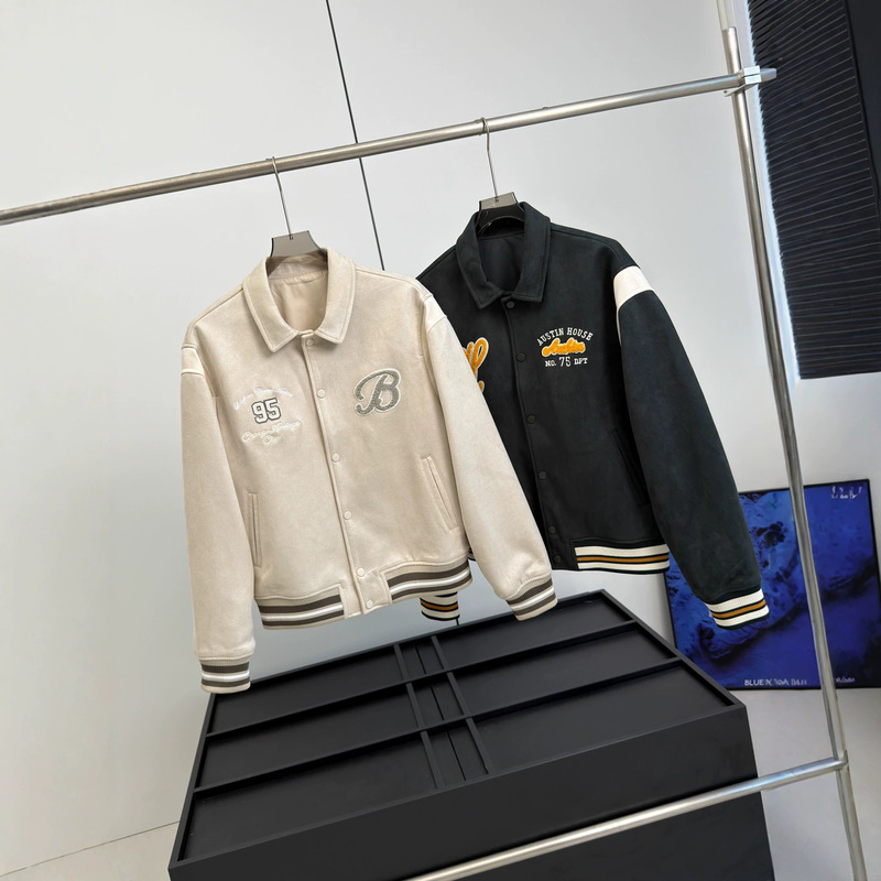 Retro suede baseball jacket, unisex, with embroidered collar, color-blocked stripes, and a loose, casual fit Retro suede baseball jacket, unisex, with embroidered collar, color-blocked stripes, and a loose, casual fit