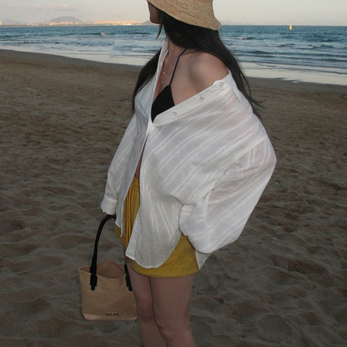 Song Hye-Kyo Style Striped Long-Sleeve Sun-Protective Shirt for Women, Slightly Sheer, Beach Vacation Texture, Lazy Vibe Shirt