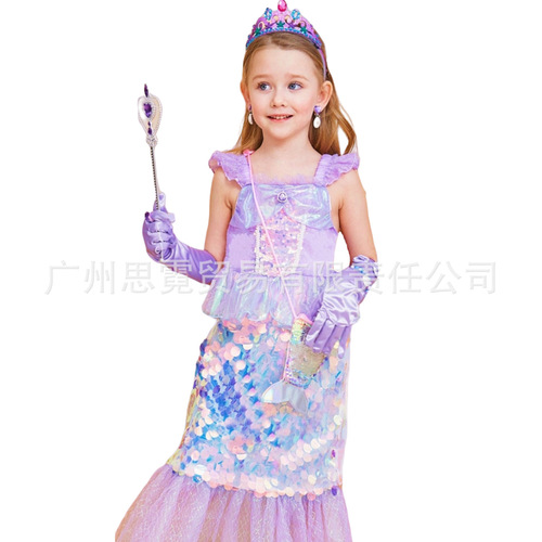 New Children's Mermaid Ariel Princess Dress, Glitter Fish Tail Dress