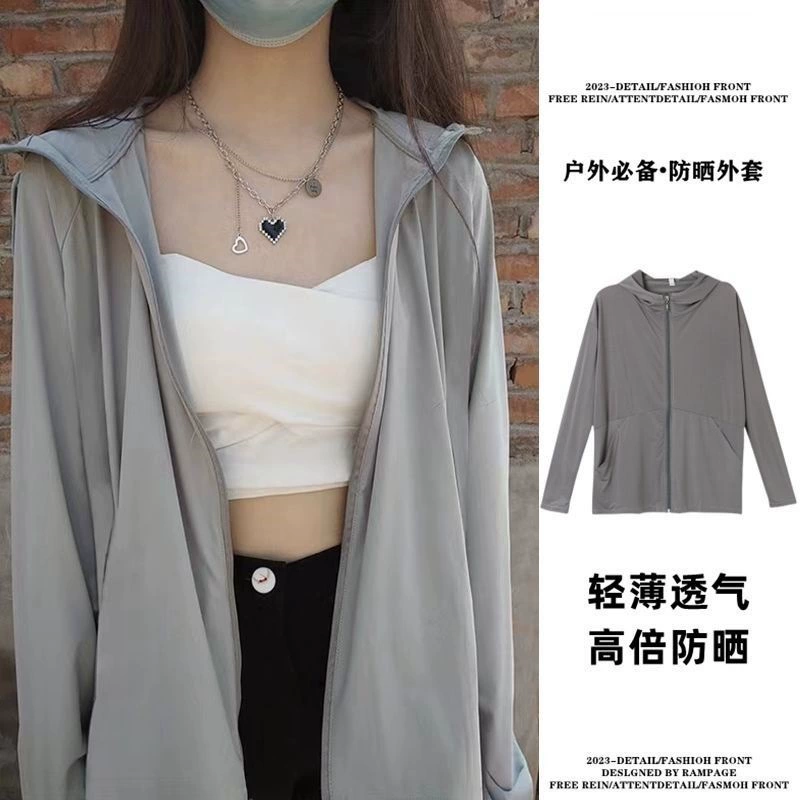 Silk sun protection clothing with hood, summer black breathable jacket, oversize