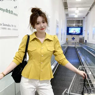 春季新款气质纯色长袖衬衫女百搭遮肚显瘦翻领衬衣洋气设计感上衣