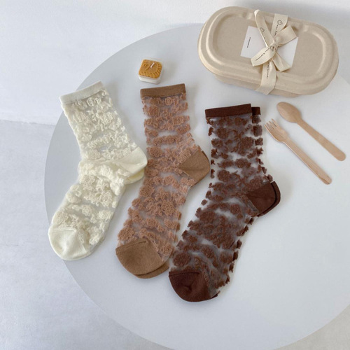 Spring and summer style soft girl girl little flower white Lolita glass stockings fairy Lolita black jk mid-calf stockings