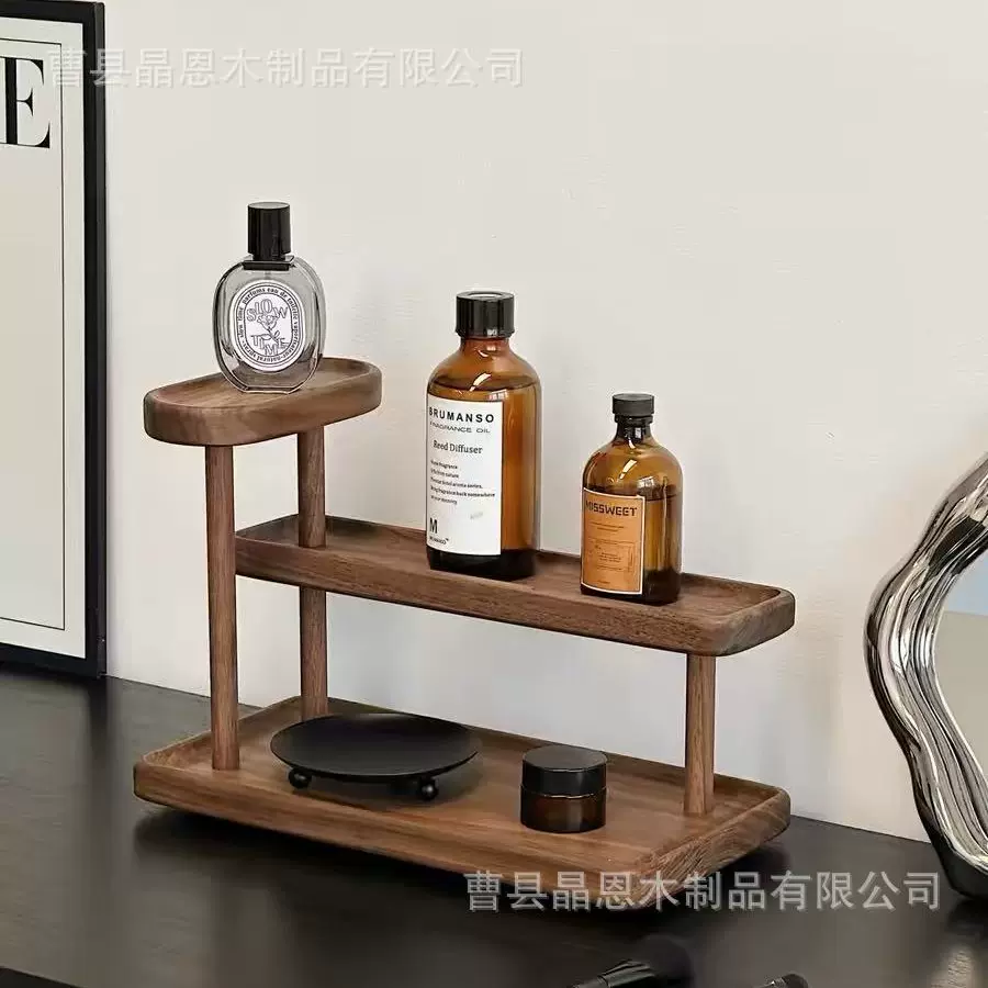 日式木质桌面三层收纳置物架香水香薰护肤品化妆品手办置物架