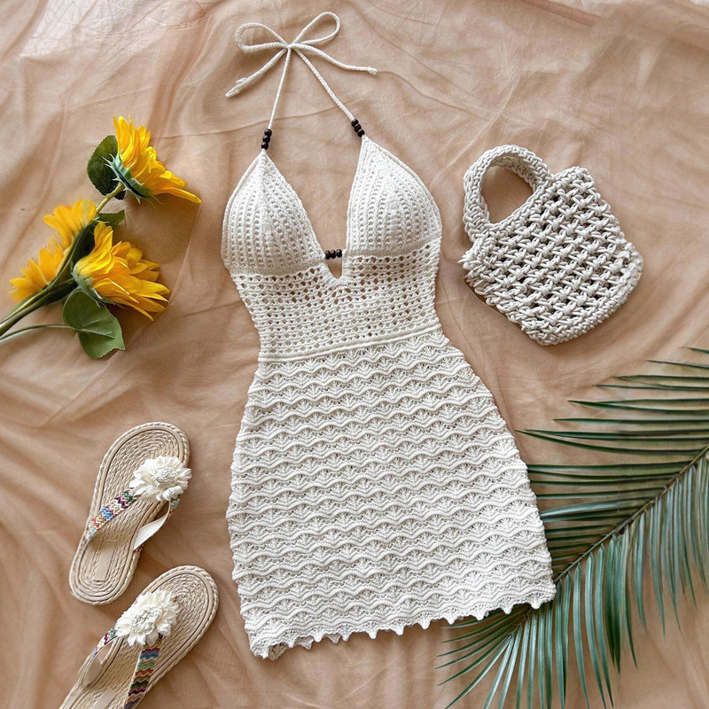 Halter Neck Deep V Cutout Crochet Knit Dress for Women, New Summer Style, Sexy Hot Girl Style Bodycon Short Dress Halter Neck Deep V Cutout Crochet Knit Dress for Women, New Summer Style, Sexy Hot Girl Style Bodycon Short Dress