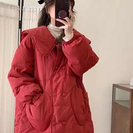 新款小香风韩版红色羽绒服女娃娃领圣诞款白鸭绒甜美保暖羽绒服