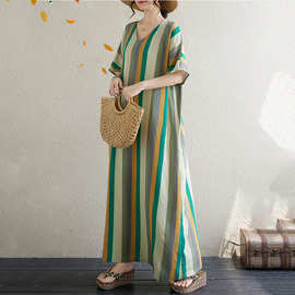 外贸出口法国商场尾单清新竖条纹显瘦长袍子连衣裙宽松显瘦长裙夏