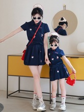 韩版小众亲子装卡通可爱刺绣POLO短袖花苞短裙夏套装一家三口纯色