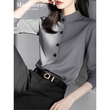 法式气质女装春装新款时尚高级感春季职业通勤显瘦灰色立领衬衫女