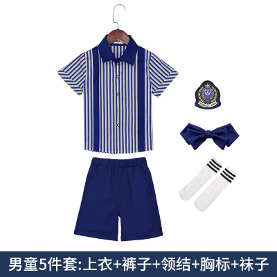 幼儿园园服套装 儿童英伦风格短袖条纹衬衫表演服 夏季小学生校服