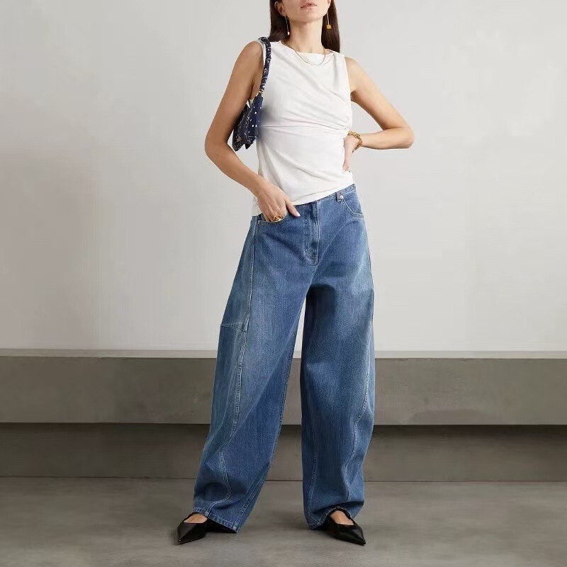 Ni Ni's Same Style Tib Retro High-Waisted Loose Fit Scimitar-Shaped Three-Dimensional Cut Banana Balloon Denim Pants