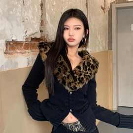 美式辣妹V领毛衣外套女秋冬季新款修身豹纹毛领针织打底开衫上衣