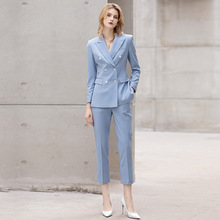 秋冬蓝色双排扣职业西装套装气质简约修身白领上班族工作服正装OL