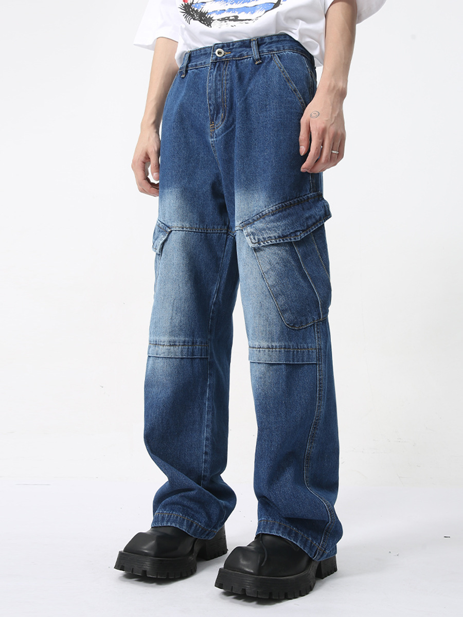 MTLCLOTHES para hombre | 2024 verano nuevo producto deconstrucción de nicho de bolsillo grande azul oscuro jeans de trabajo blanco