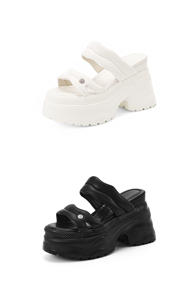 Sandal cao gót nữ đế dày 12cm quai ngang da thật phong cách thể thao — Trắng kem-Da bò, Đen-Da cừu chi tiết 14