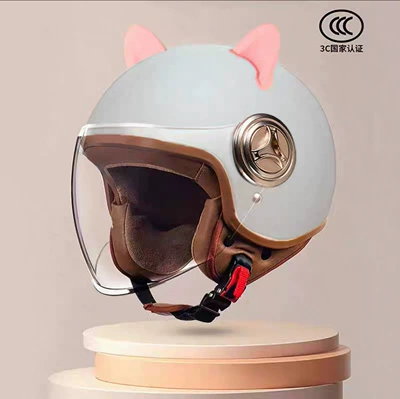 Motosiklet kaskı (dəbilqə), All Seasons, Winter Motorcycle Retro Helmet - 801-new-national-standard-class-a-3c-certification-cement-gray-long-mirror-pink-rabbit-ears-free-size
