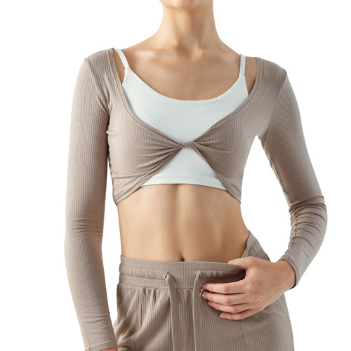 Fall/Winter Cross-Twist Long-Sleeve Yoga Wear Blouse for Women – Lightweight, Short, Loose-Fit, Slimming, Solid-Color Shawl-Style Cardigan