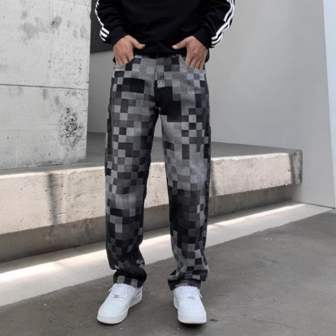 American Pixel Style Jeans Men's Spring and Autumn 2024 New Mosaic Pattern Pants Trendy All-match Fashion Trend
