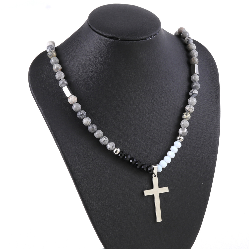 36g Weight Pendant Necklace Classification 1 Piece Quantity Holiday, Daily Occasion natural stone, Titanium Steel Material Cross Pattern Men's Gender Beaded, Polishing Design Simple Style, Classic Style Style Simple Style Classic Style Cross Natural Stone Titanium Steel Beaded Polishing Men's Pendant Necklace 7