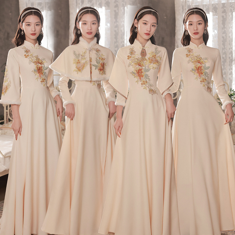 Chinese-Style Bridesmaid Dresses 2026 New Spring Thickened Style Fairy-Like Long-Sleeve Champagne Color Wedding Sister Group Dress Chinese-Style Bridesmaid Dresses 2026 New Spring Thickened Style Fairy-Like Long-Sleeve Champagne Color Wedding Sister Group Dress