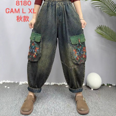2025年秋季新款 花卉刺绣勾花口袋牛仔哈伦裤 宽松高腰松紧长裤女