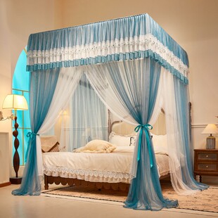 New Embroidered Double-layer Yarn Bed Curtain High-grade Mosquito Net Three-door Floor-standing Anti-mosquito Palace Net Thickened Paint Bracket