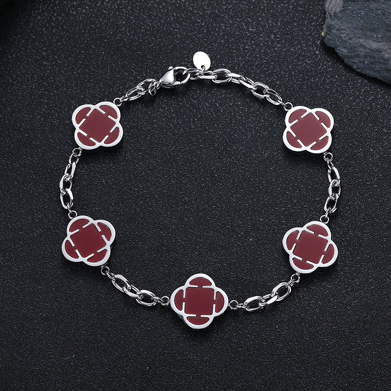 스틸 컬러 모조 쉘 네잎 클로버 레드 롱 스타일