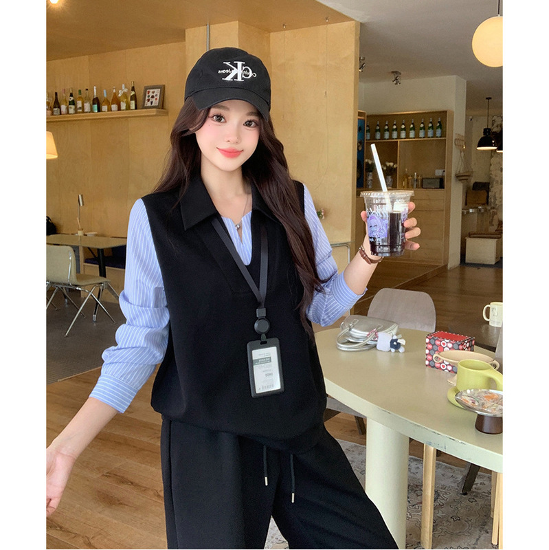 2025秋装新款胖mm大码女休闲假两件针织马甲衬衣气质阔腿裤套装|undefined