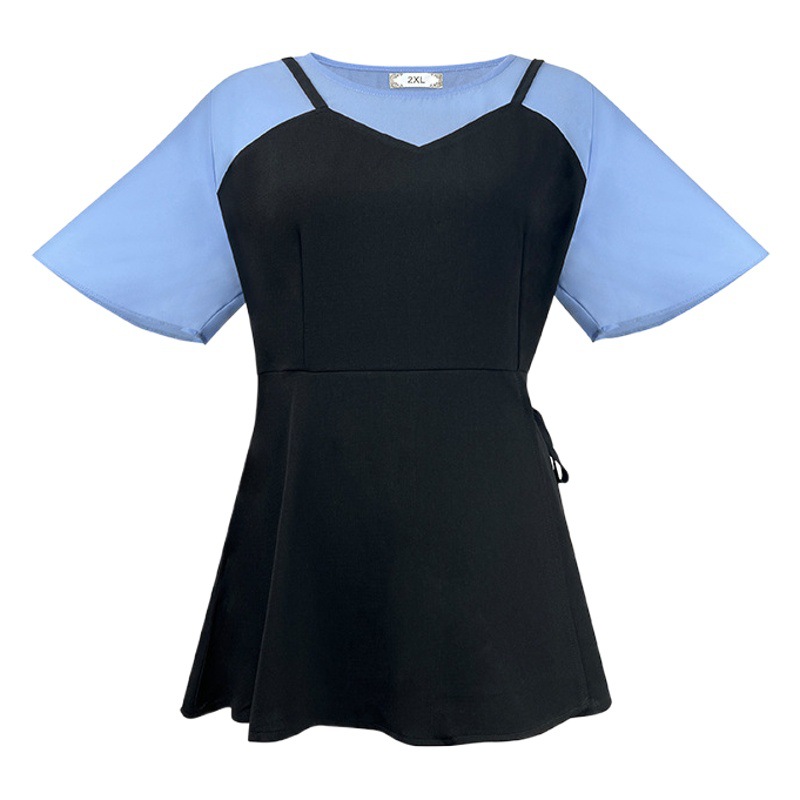 Plus-Size Women's Clothing 2026 Summer New Short-Sleeve Chiffon Shirt for Chubby Women 100kg Tummy-Concealing Slimming Faux Two-Piece Stylish Top