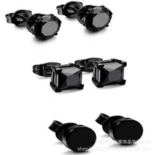 跨境wish热卖耳钉欧美朋克黑色正方锆石耳钉套装金属耳钉工厂直销