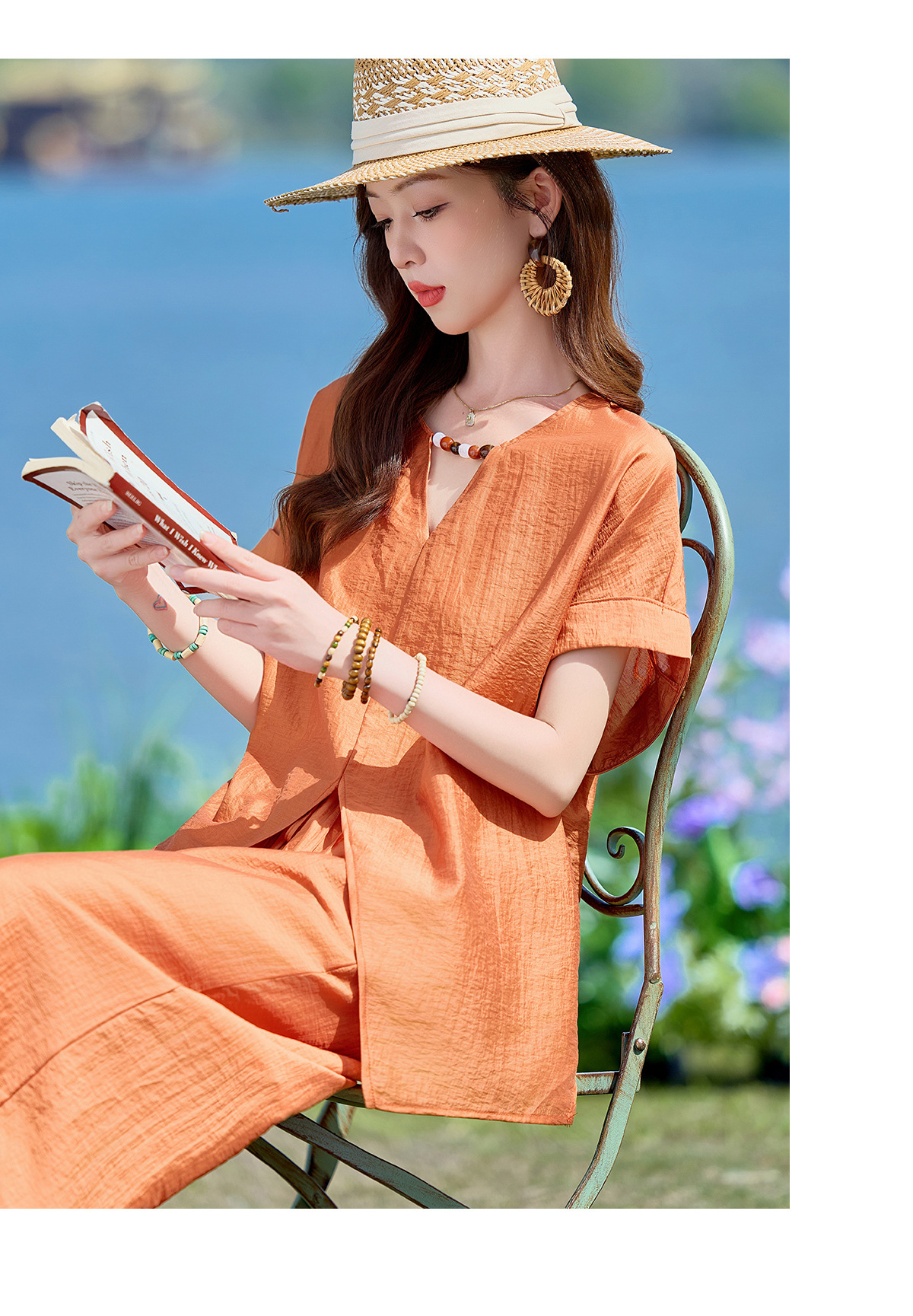 Bộ quần áo nữ hai mảnh gồm áo thun cổ V rộng và quần dài ống rộng phong cách tối giản — Cam đỏ, Màu cà phê nhạt, màu trắng ngà chi tiết 16