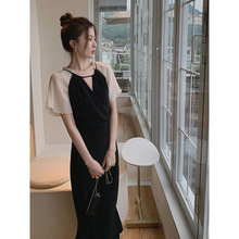 大码胖法式优雅气质收腰连衣裙女新款御姐范拼接中长款裙子