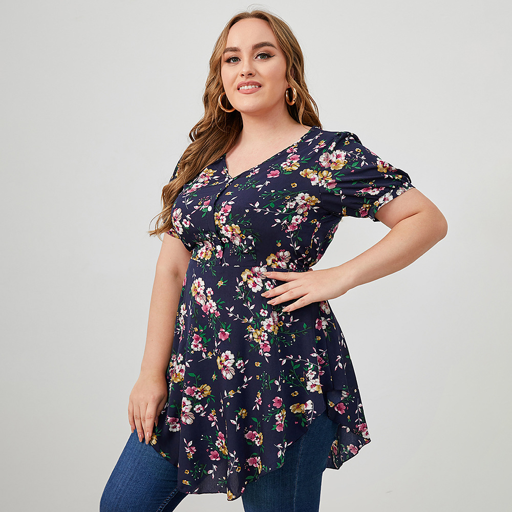 Plus Size Mid-Length V-Neck Short Sleeve Flower Print Top NSWCJ112800