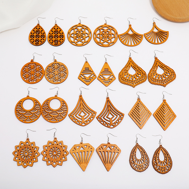 New Wooden Earrings Fashion Exaggerated Personality Hollow Geometric Coffee Color Wood Earrings Wholesale display picture 19