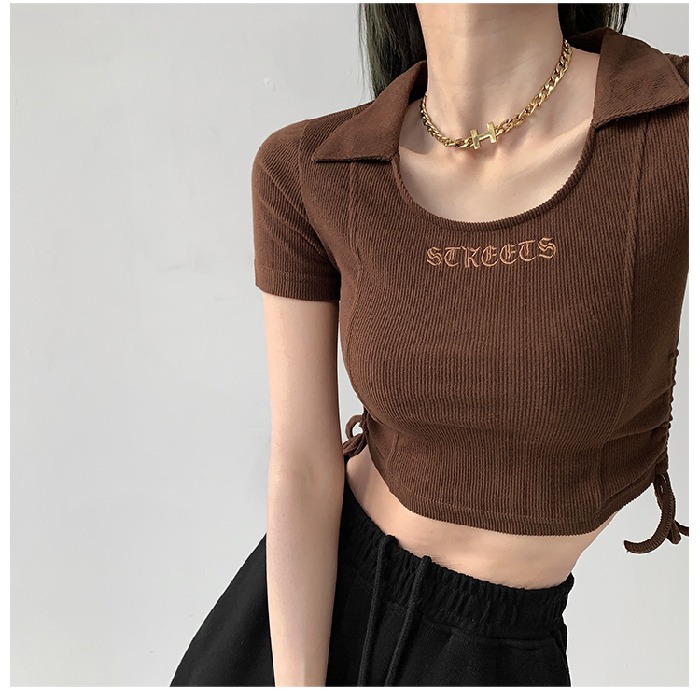 American-style Slim Lapel Short-sleeved Knitted T-shirt Women's Summer Hot Girl Style Drawstring Pleated Waist Thin Short Top