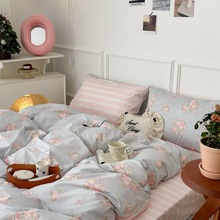 韩版公主风全棉四件套纯棉少女田园床上用品碎花粉色被套床单