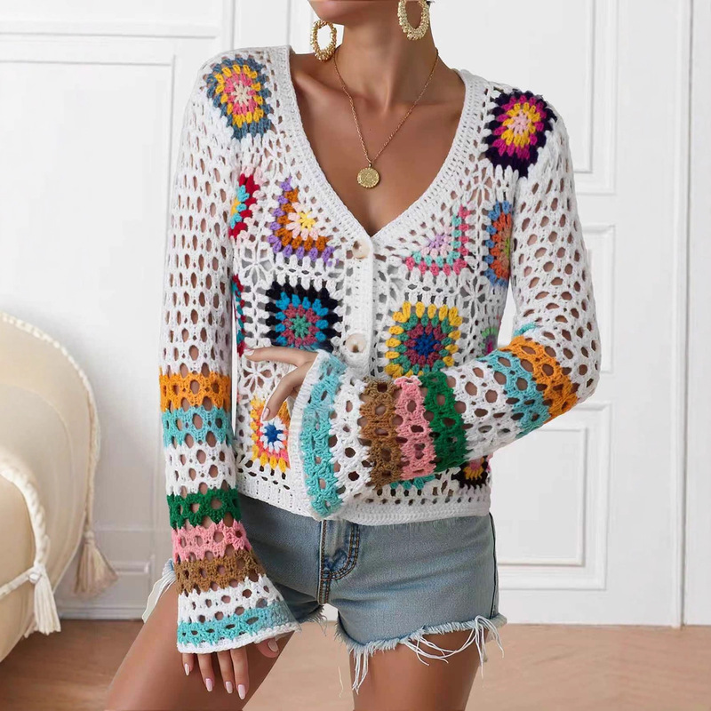 Handmade Crochet Colorfulful Floral Knitted Cardigan Retro Cut Out Bell Sleeves V Neck Versatile Top