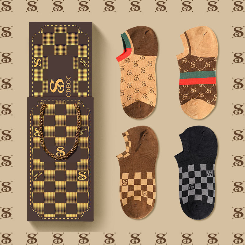 Genuine GDECC Men's Invisible Cotton Socks Personalized Printed Sports Trendy All-Match Vintage Socks Boat Socks Gift Boxes