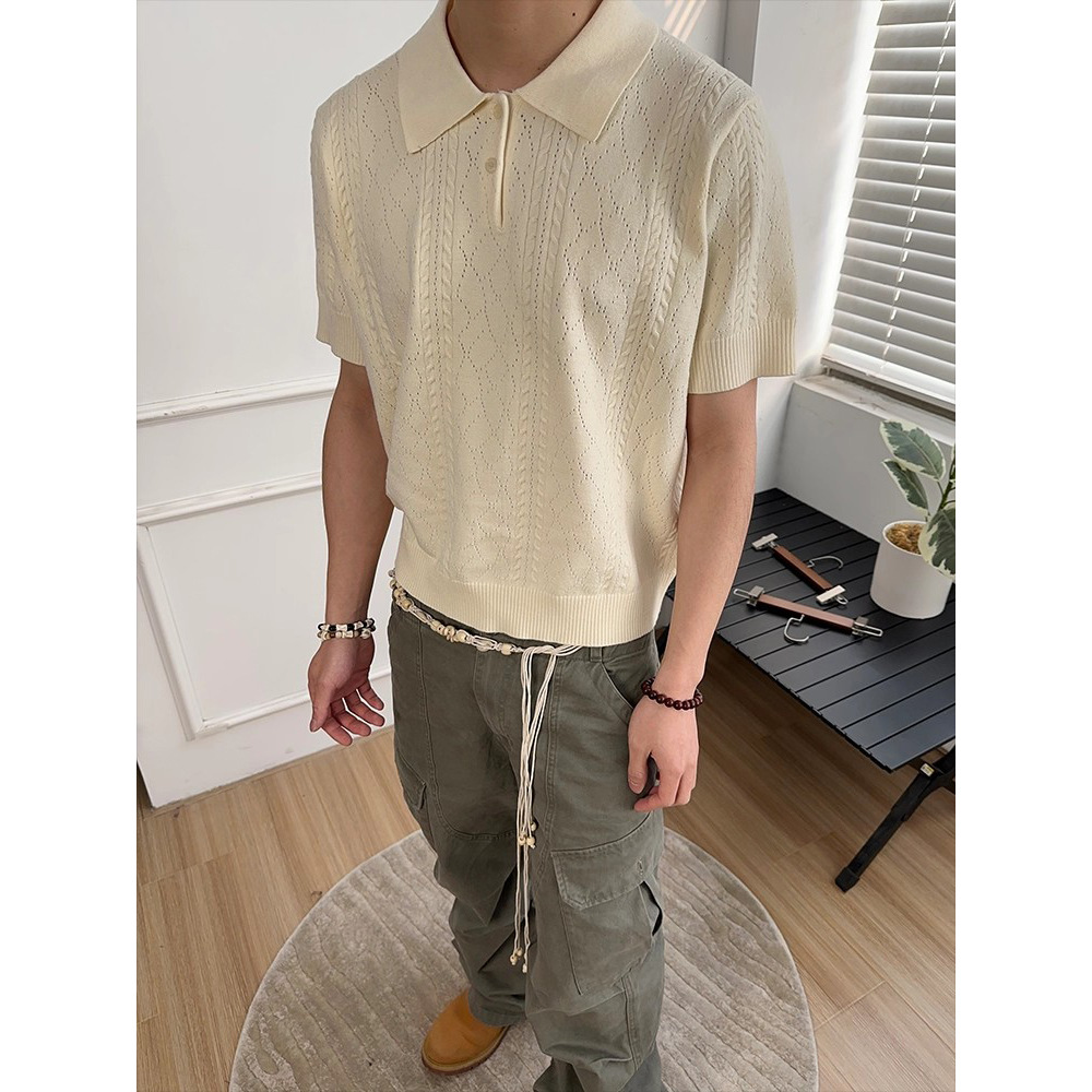 Polo camiseta de punto camiseta de manga corta hombre con solapa hueca textura vieja camiseta de hielo de viento de verano fábrica transfronteriza mayorista