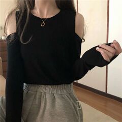 黑色露肩上衣女大码长袖t恤设计感女装2025新款打底衫女秋冬内搭